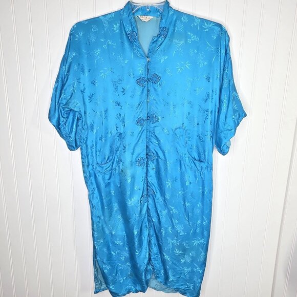 Vintage Silk Robe Womens Small Asian Floral Embroidered Button Hong Kong 80s - Picture 1 of 14